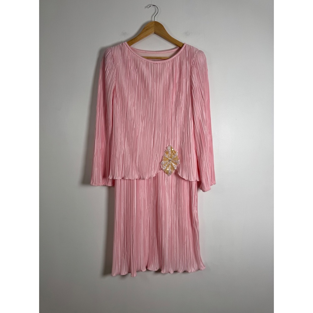 Vintage After Dark‎ Womens Pink Pleated Tiered Midi Dress Beaded Applique